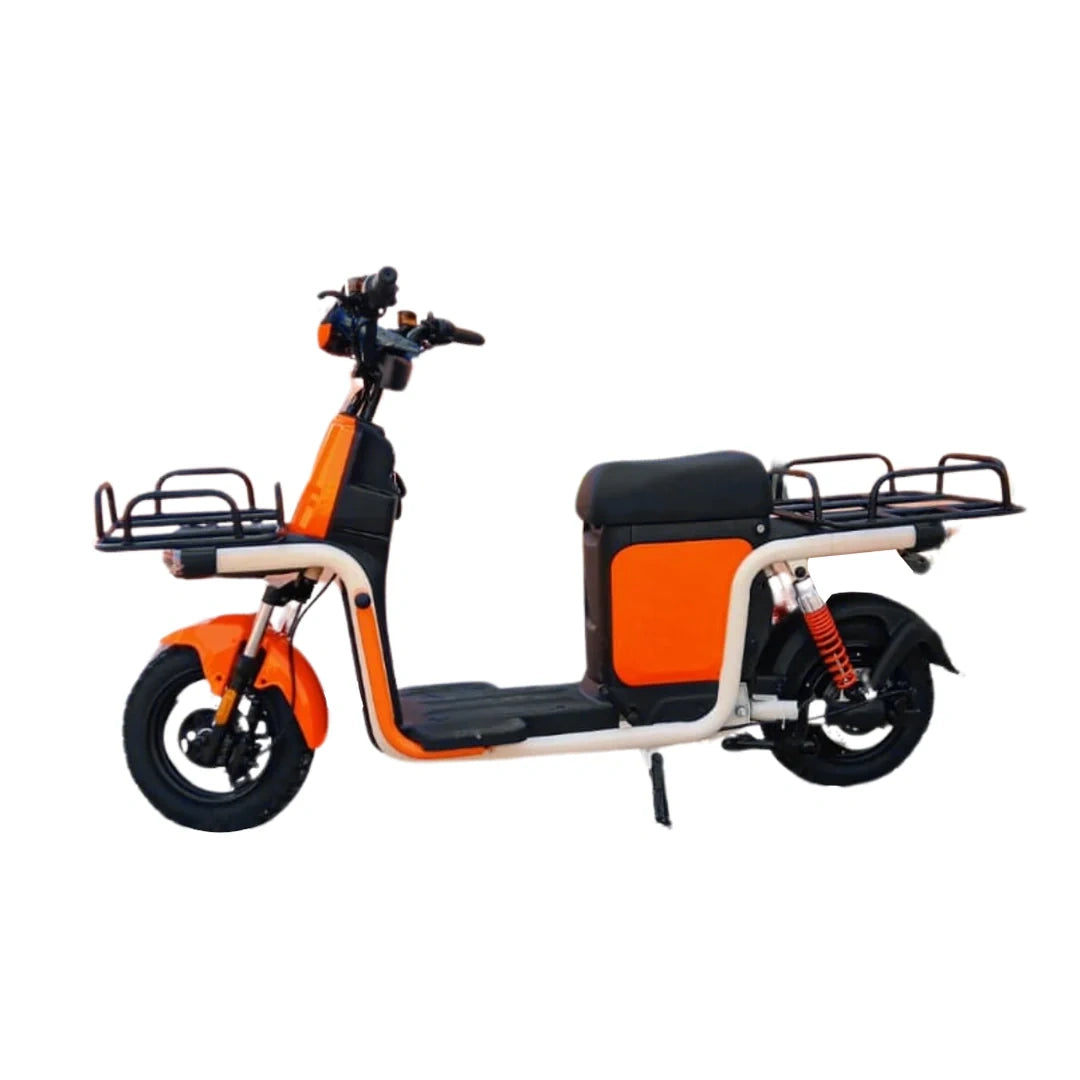 Orange and black electric scooter with cargo racks on a white background