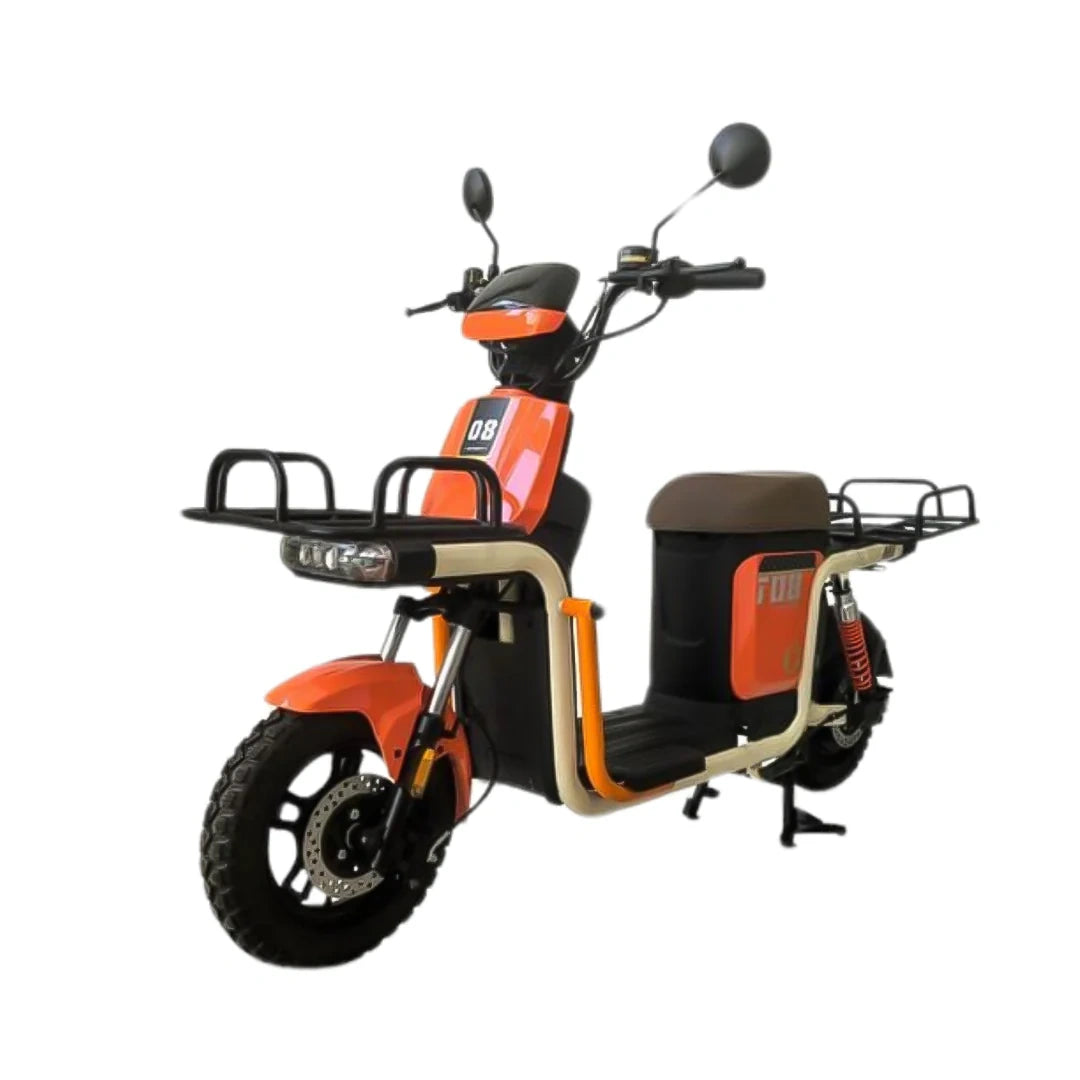 Orange and black scooter with visible branding on a white background