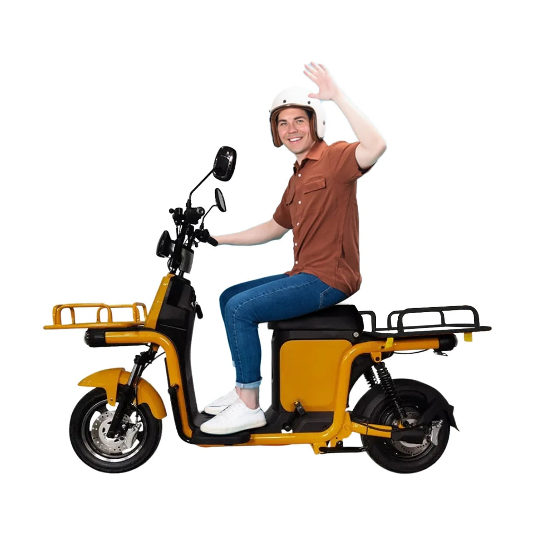 Person sitting on a yellow electric scooter with a white background