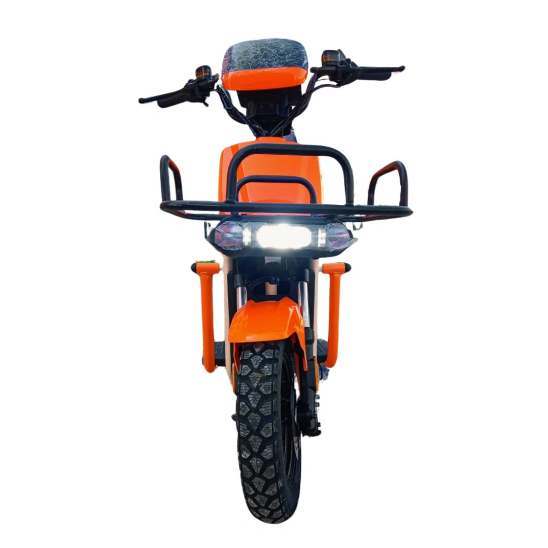 Orange children's bike with a seat and front light on a white background