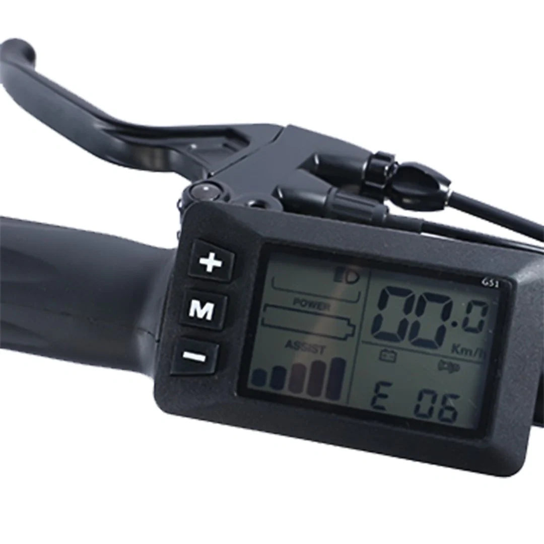 Close-up of an electric bike handlebar control panel with digital display on a white background