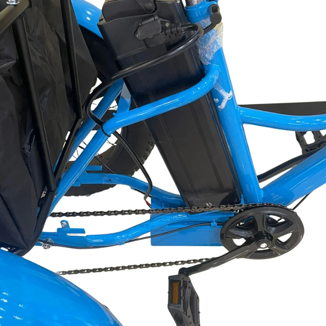 Close-up of a blue bicycle with a black chain and gear system on a white background