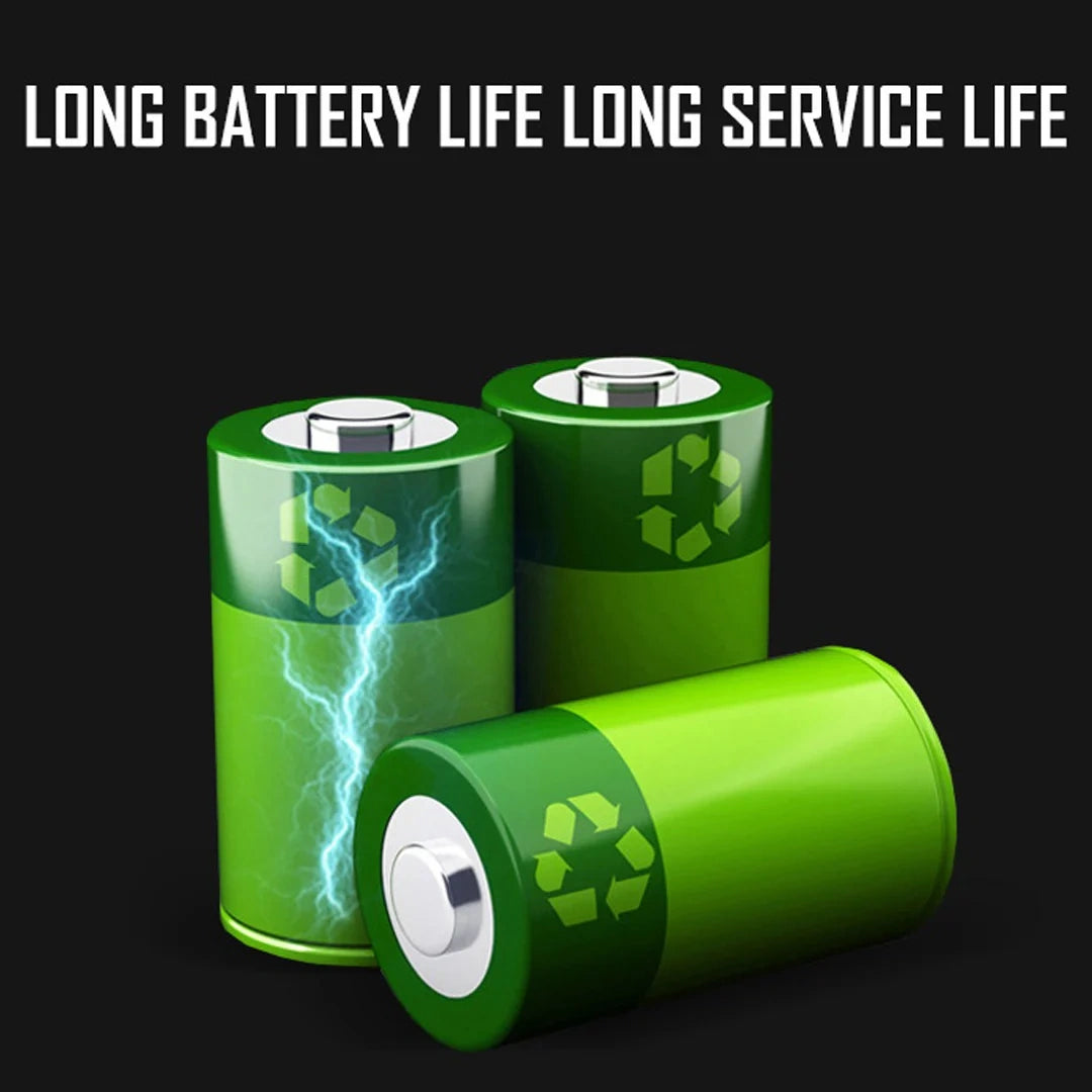 Three green batteries with recycling symbols and a lightning bolt on a black background, with text 'LONG BATTERY LIFE LONG SERVICE LIFE'.