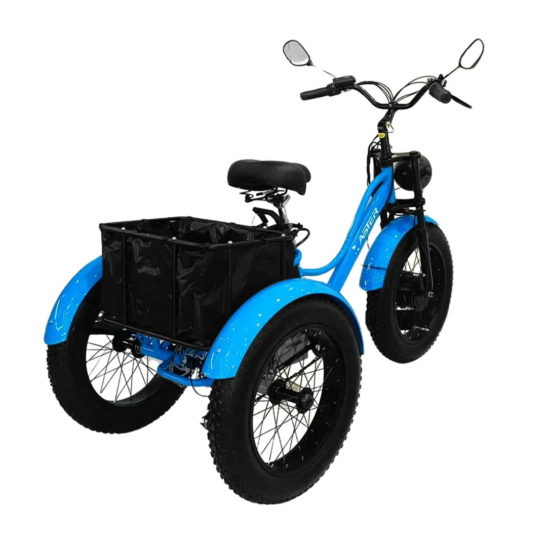 Blue electric tricycle with a black basket on a white background