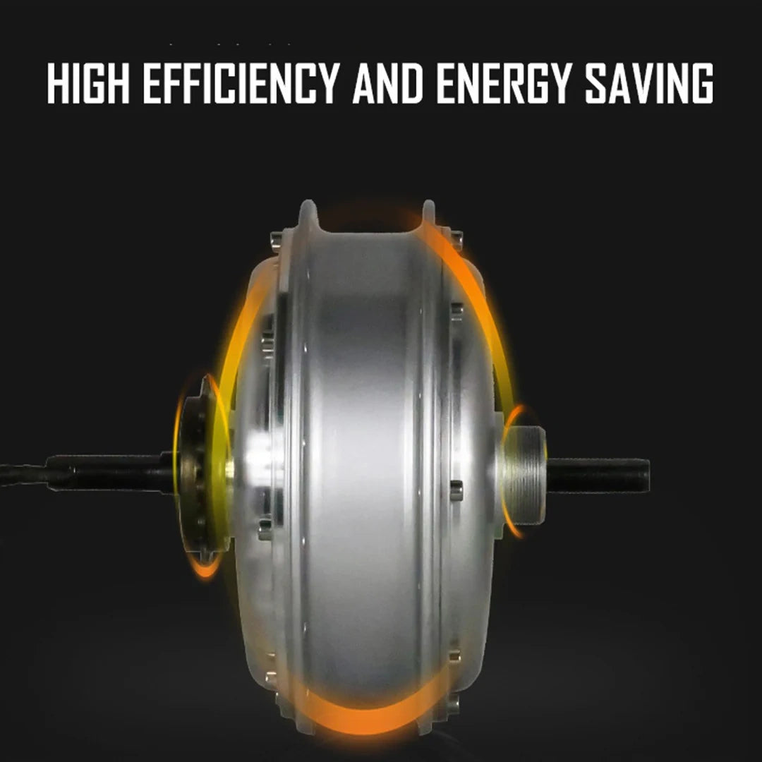 Motor with glowing orange accents on a black background, highlighting 'High Efficiency and Energy Saving'.