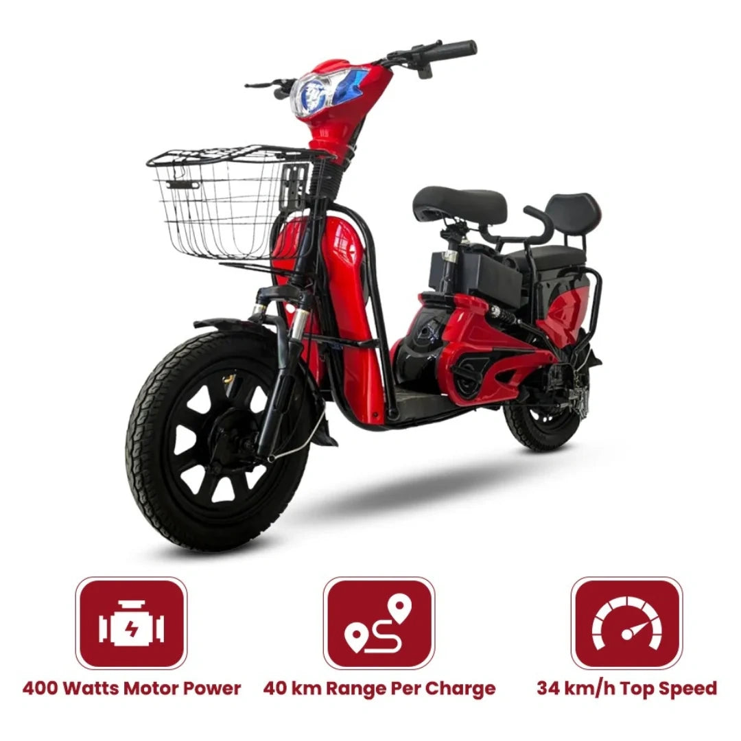 Red electric scooter with specifications on a white background