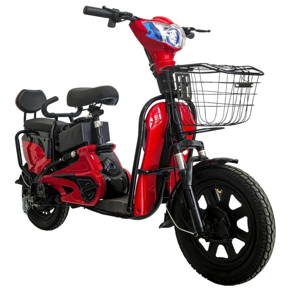 Red electric scooter with a black seat and basket on a white background