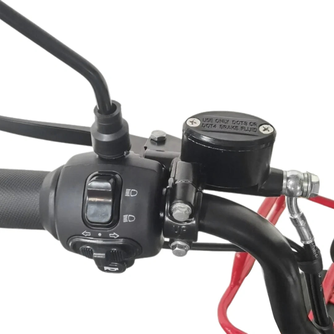 Close-up of a motorcycle handlebar with controls and cables on a white background