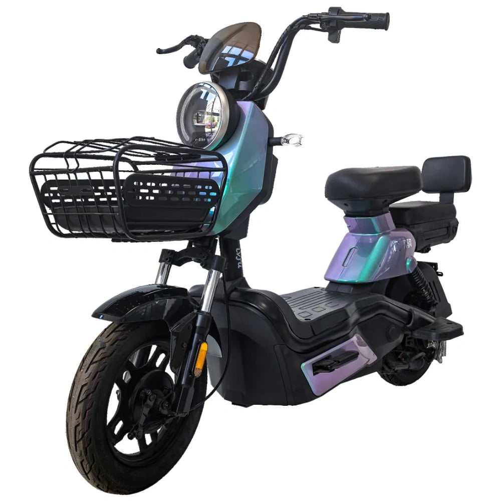 Black electric scooter with a basket on a white background