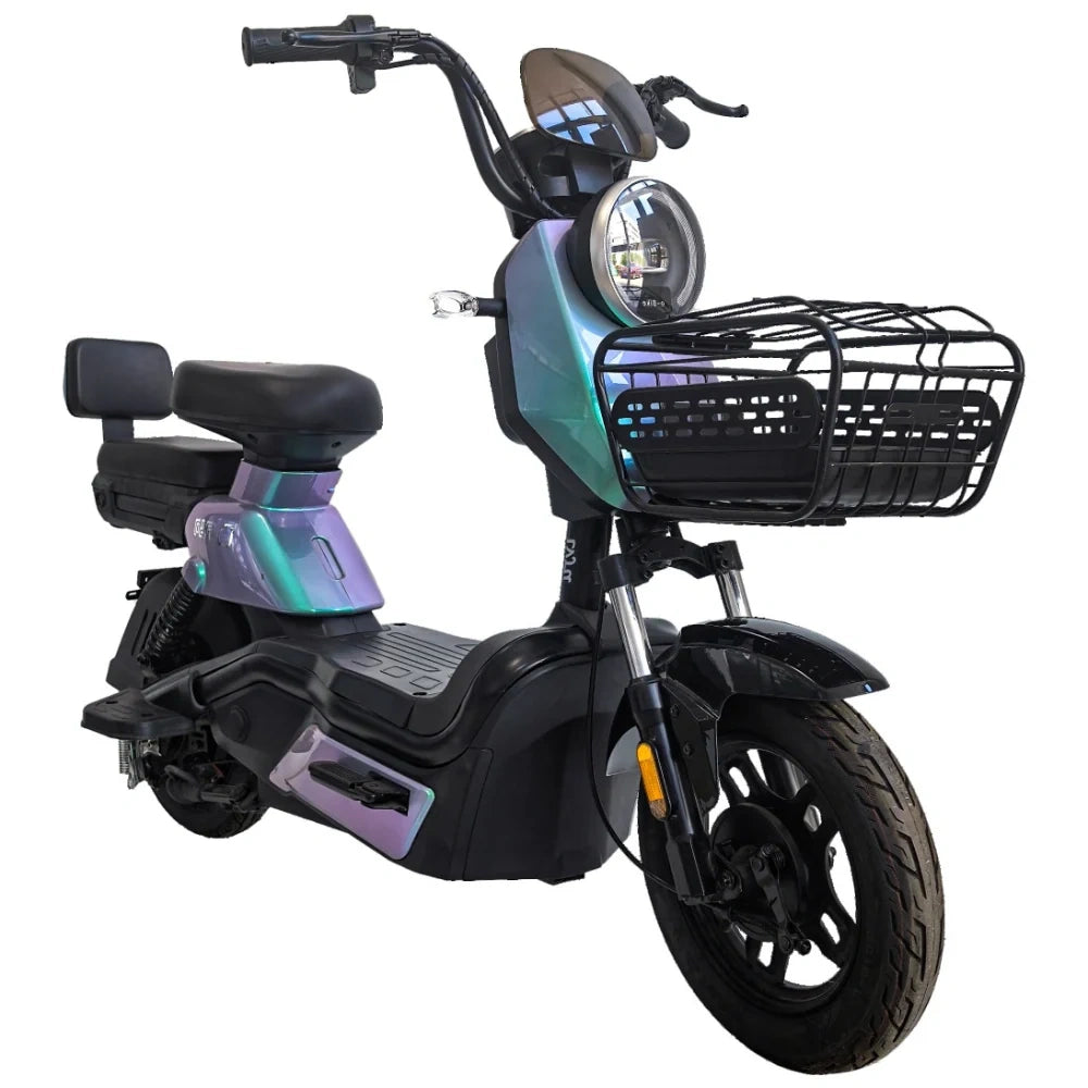 Black electric scooter with a basket on a white background