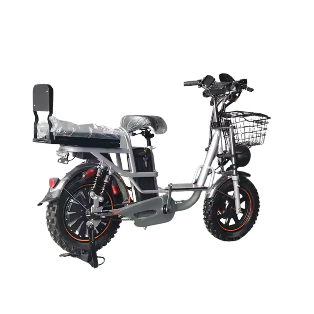 Electric bike with a basket on a white background