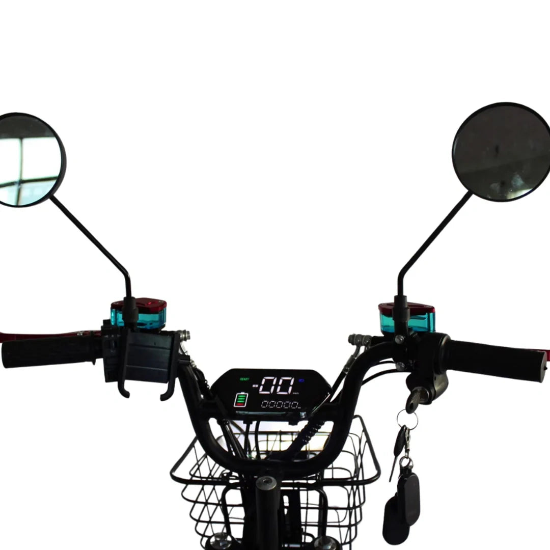 Bicycle handlebar with mirrors and a digital display on a white background