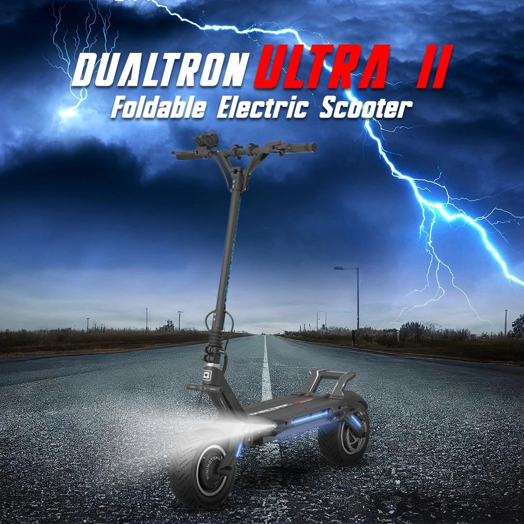 Foldable electric scooter with lightning effects and 'Dualtron Ultra II' branding on a dark sky background.