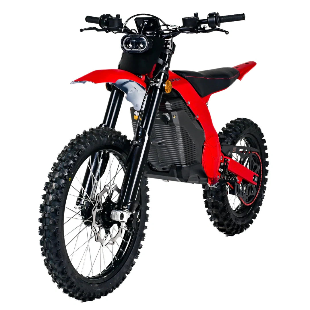 Red and black dirt bike on a white background