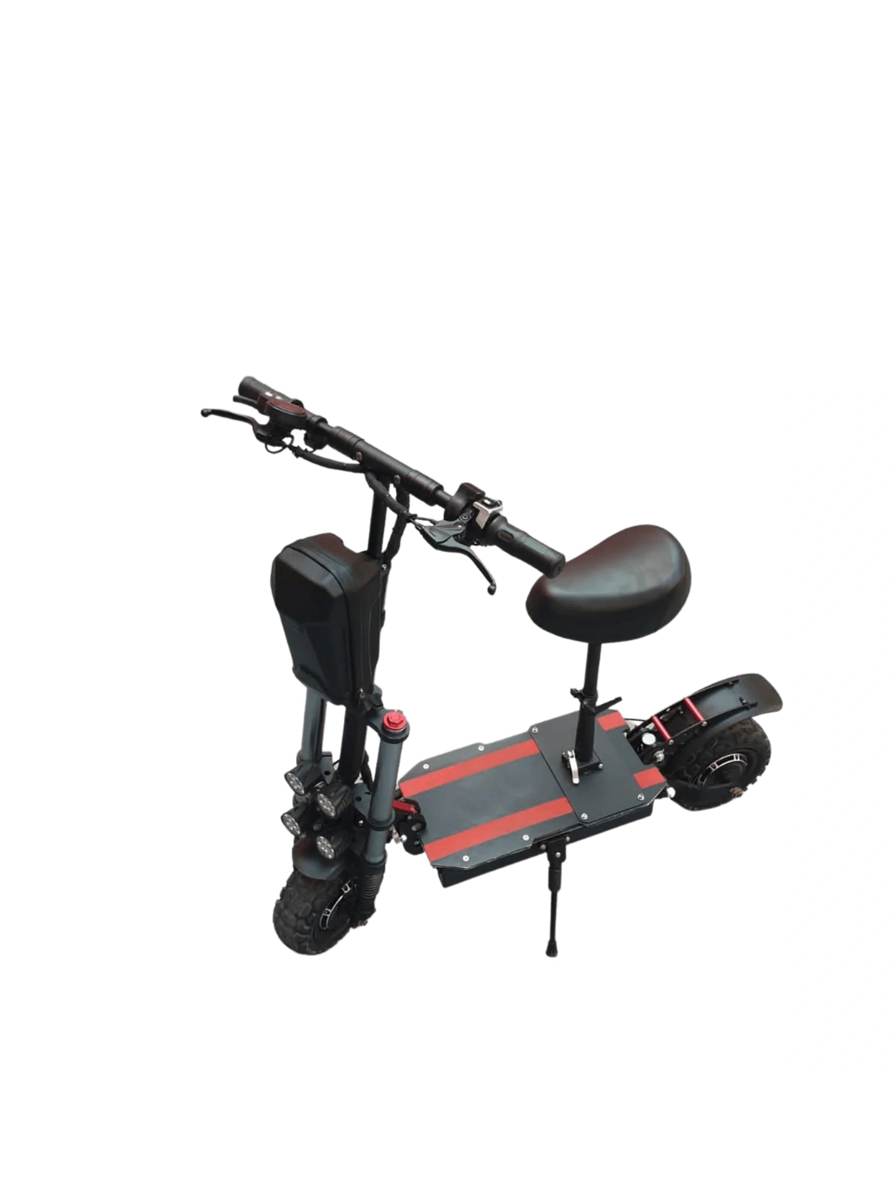 Black electric scooter with a seat on a white background