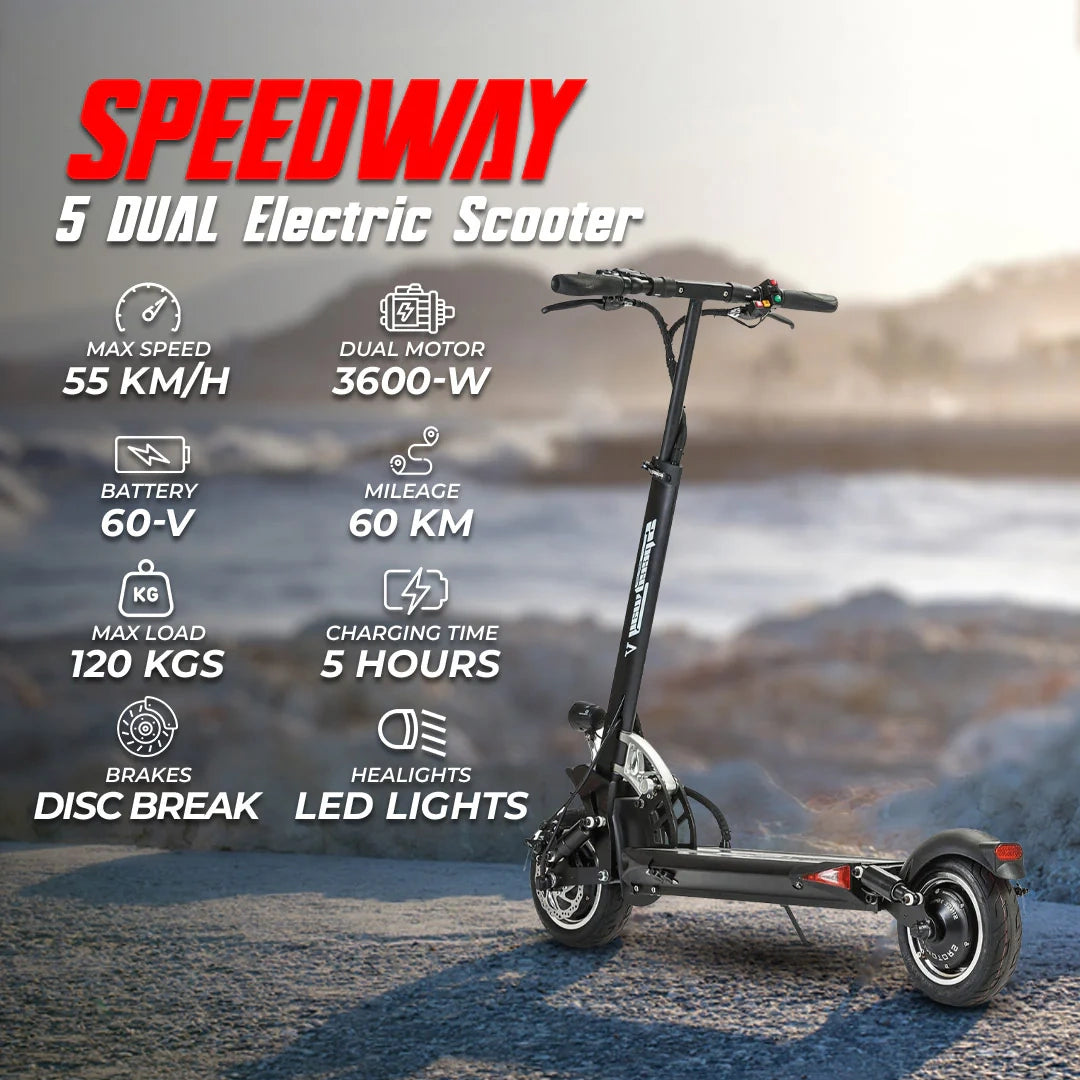 Speedway 5 Dual Electric Scooter with specifications on a blurred natural background