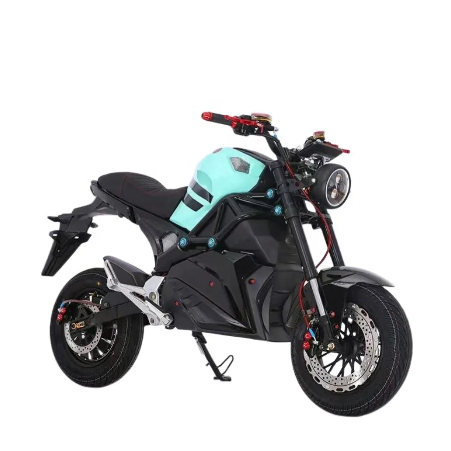 Black electric motorcycle with a turquoise front section on a white background