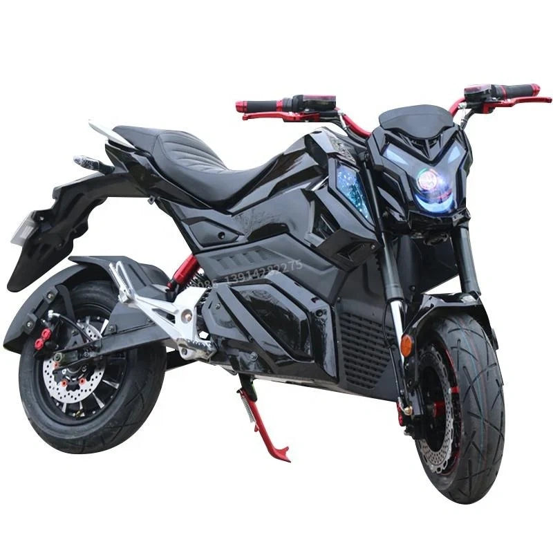 Black electric motorcycle with red accents on a white background