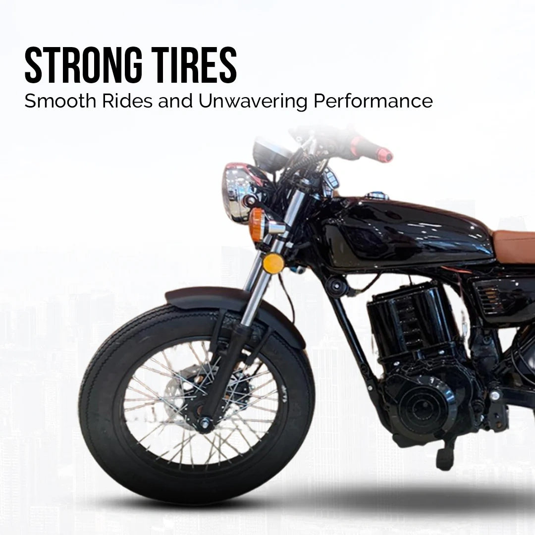 Motorcycle with text 'Strong Tires Smooth Rides and Unwavering Performance' on a white background