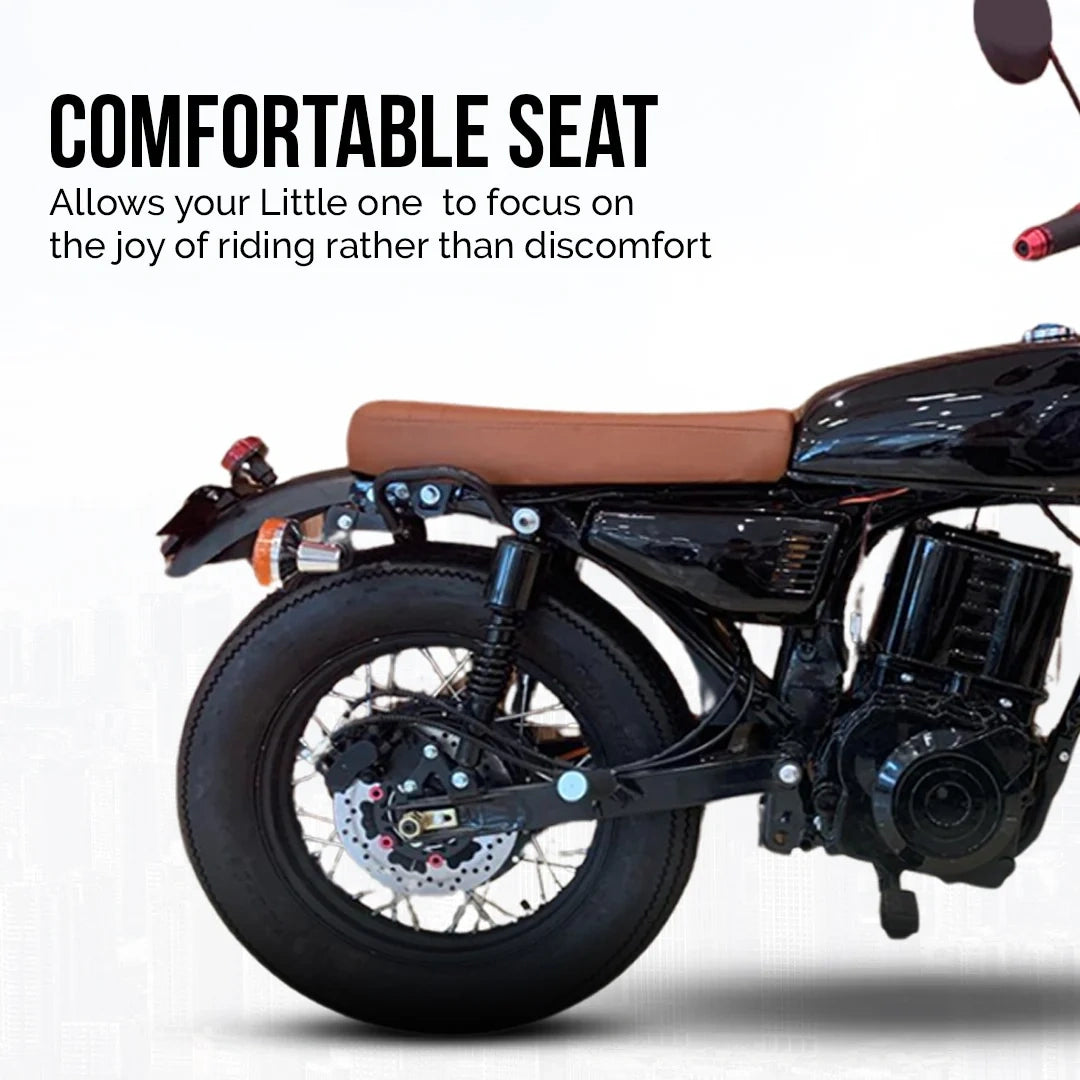 Motorcycle with a child seat on a white background, emphasizing comfort.