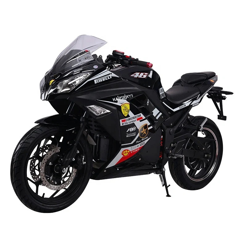 Black motorcycle with various sponsor logos on a white background