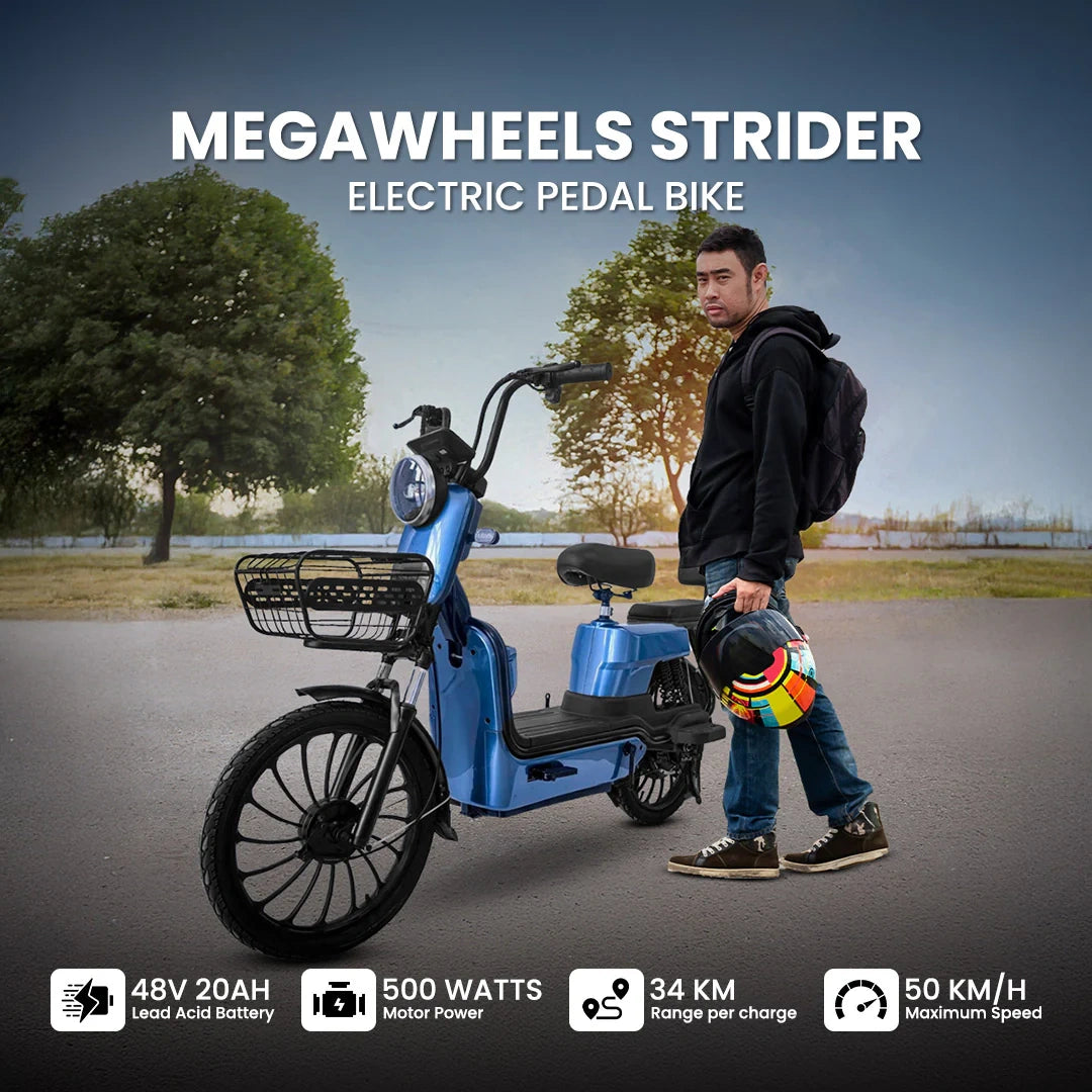 Person standing next to a blue electric pedal bike with product specifications displayed.