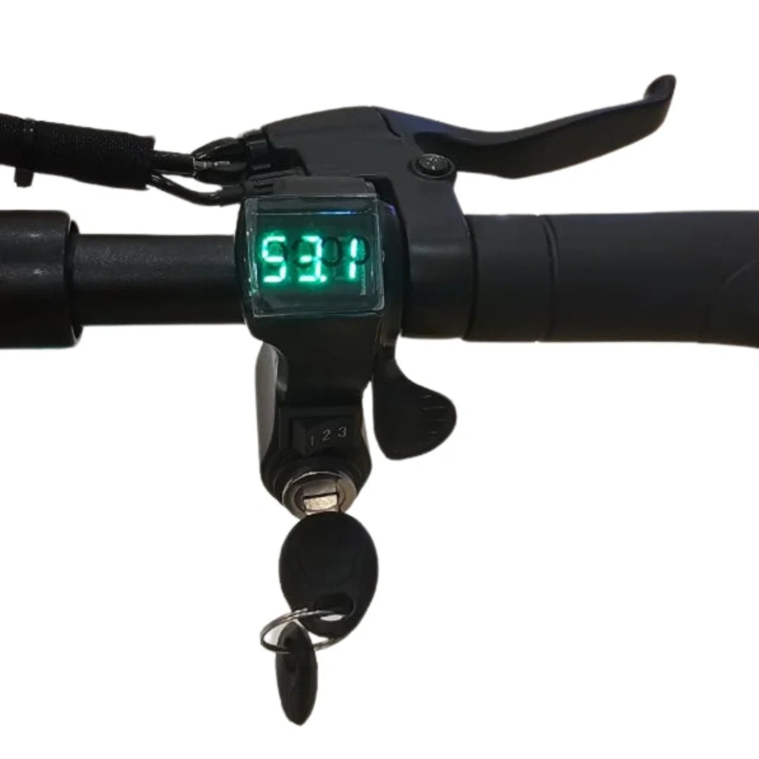 Close-up of a motorcycle handlebar with a digital speedometer and key fob on a white background