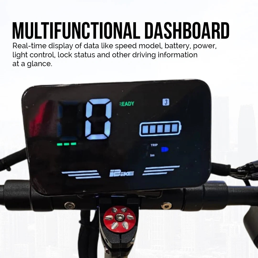Multifunctional dashboard display on a bike handlebar with text describing its features.