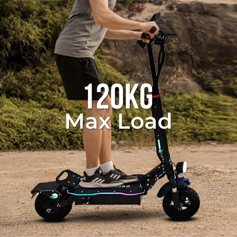 Person riding an electric scooter with a text overlay indicating a maximum load capacity of 120KG.
