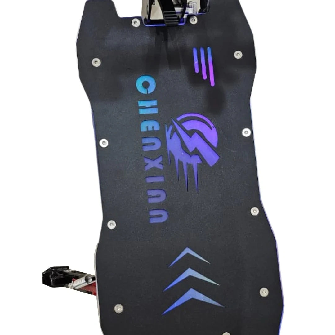 Black skateboard deck with blue and purple graphics and 'Qhenxion' branding on a white background