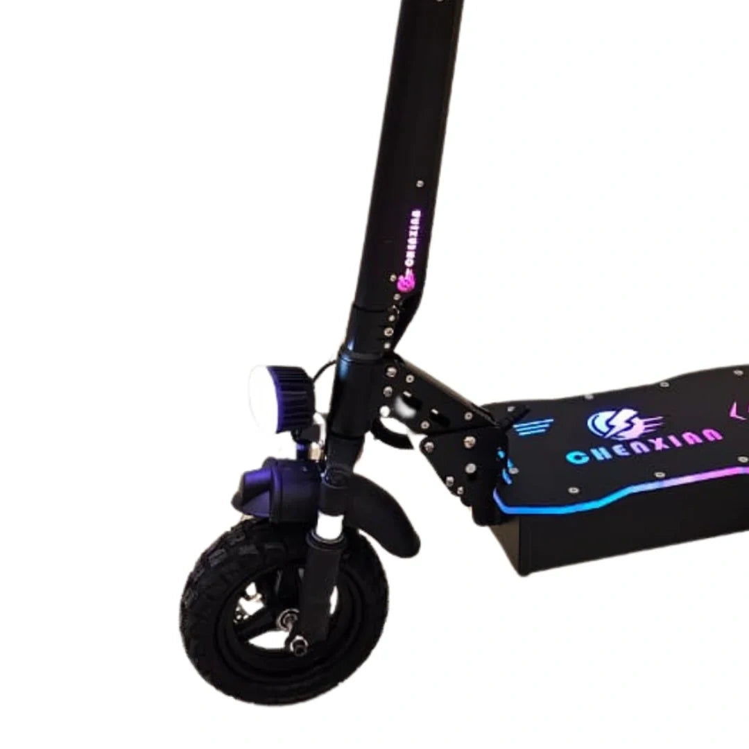 Black electric scooter with colorful lights on a white background
