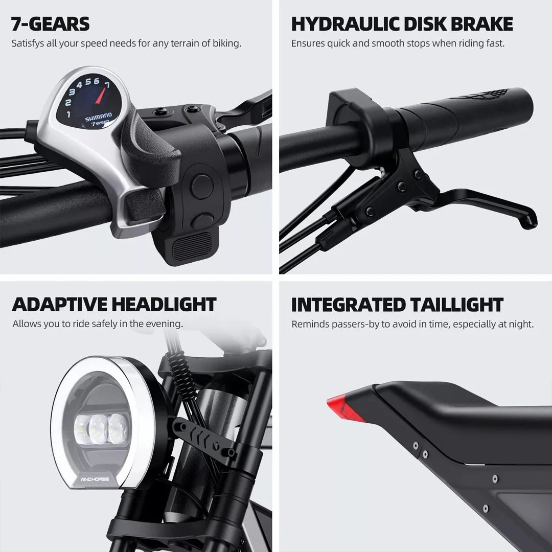 Close-up of a bicycle handlebar with various features highlighted on a white background.