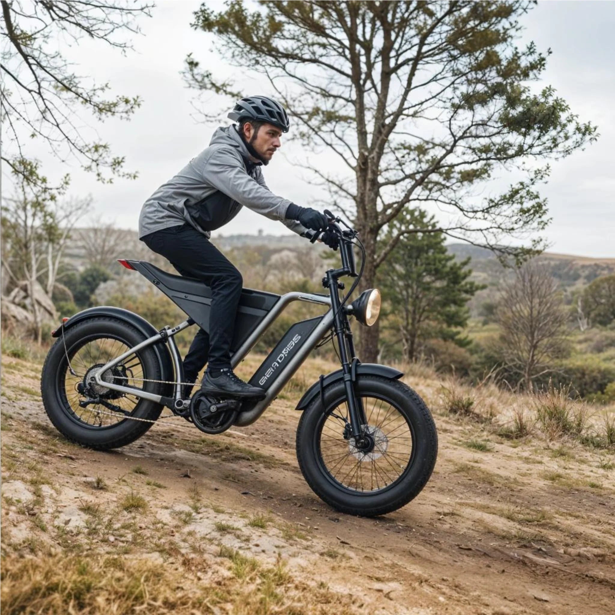 Person riding an electric bike on a trail with trees and open space in the background