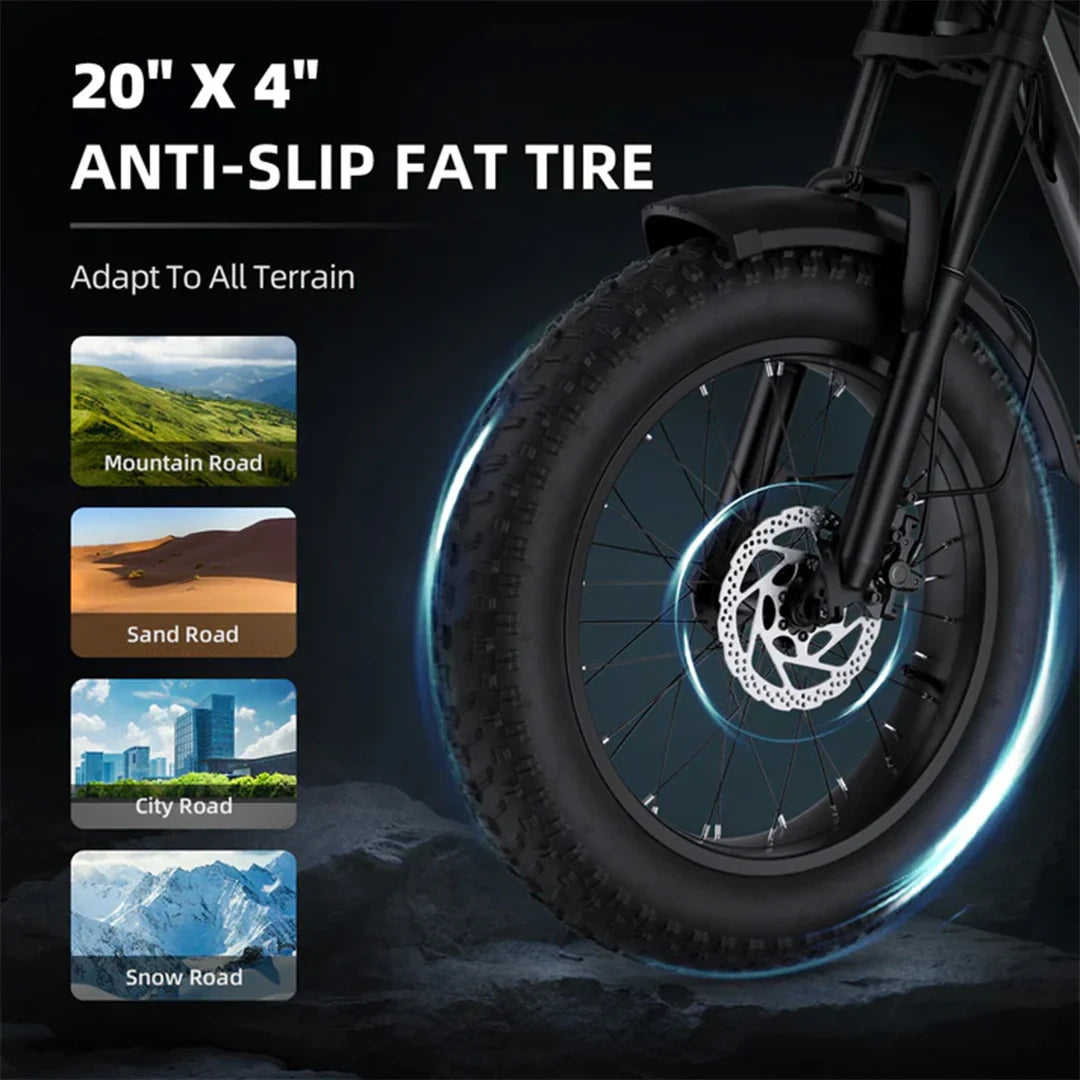 20" x 4" anti-slip fat tire with mountain, sand, city, and snow road icons on a dark background