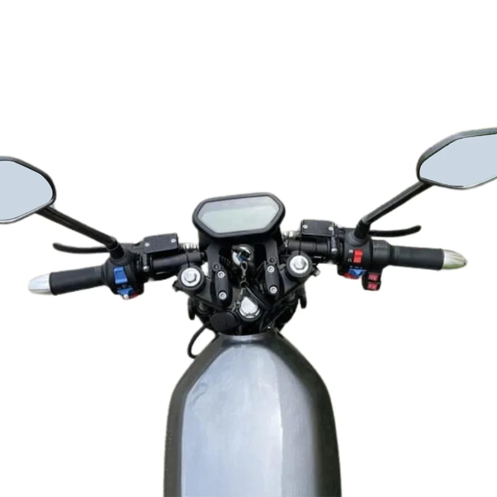 Close-up of a motorcycle handlebar with mirrors on a white background