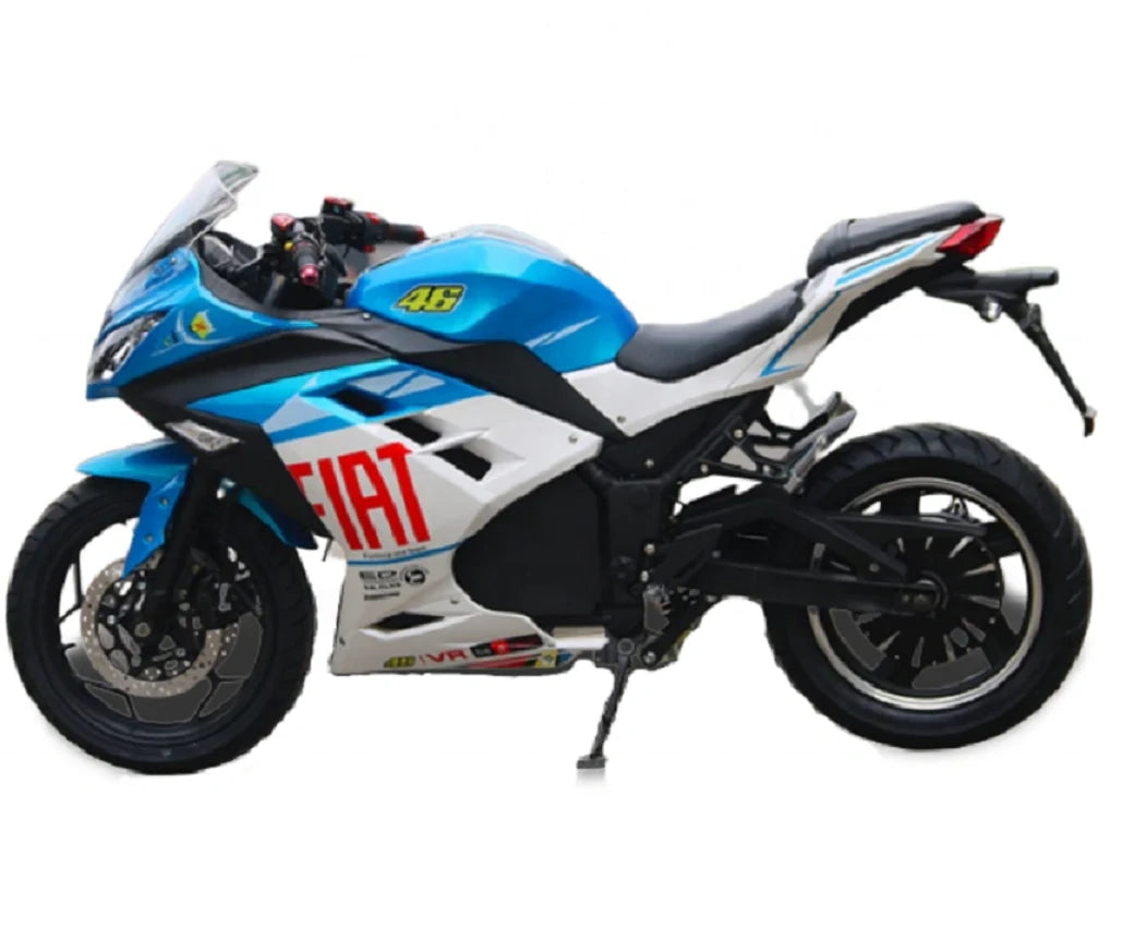 Blue and white motorcycle with red branding on a white background