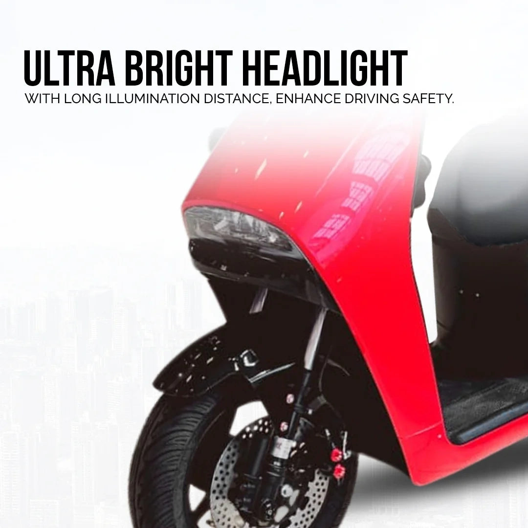 Red scooter with ultra bright headlight feature on a white background