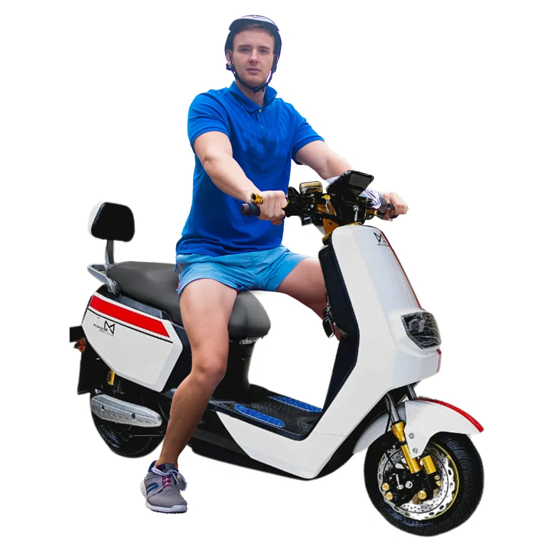 Person riding a white scooter with a red stripe on a white background