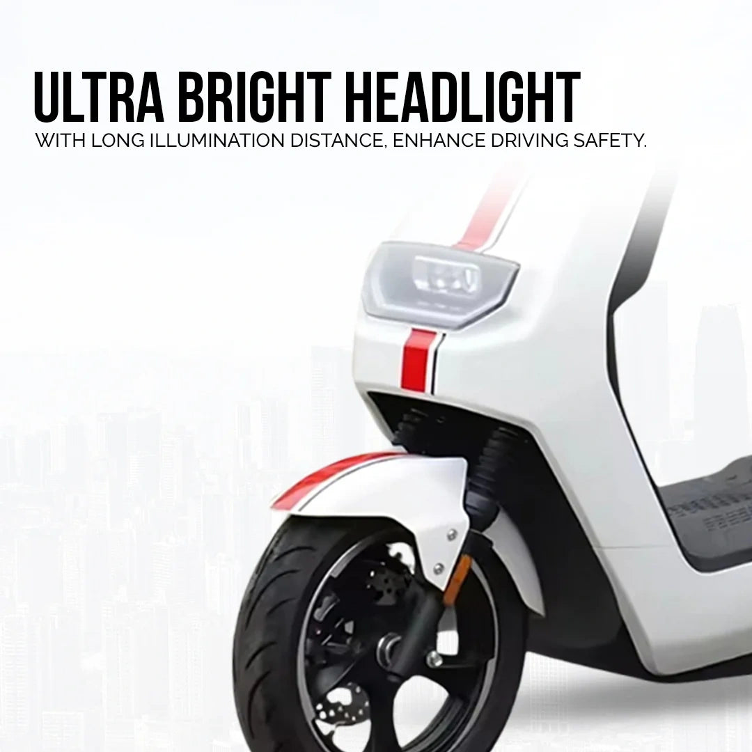Motorcycle with ultra bright headlight feature on a white background