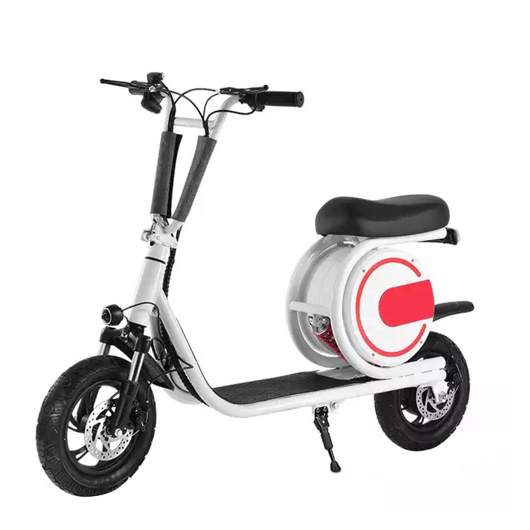 White electric scooter with black seat and red logo on a white background