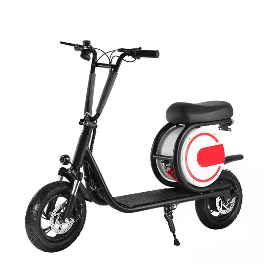 Black electric scooter with a red circular design on the wheel cover against a white background