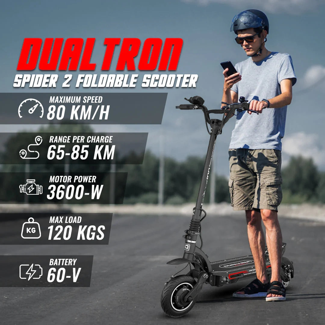 Person using a Dualtron Spider 2 Foldable Scooter with product specifications displayed.