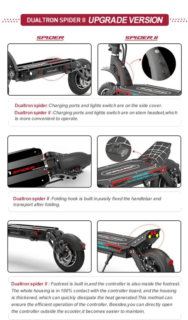 Dualtron Spider II scooter upgrade version features with text and images.