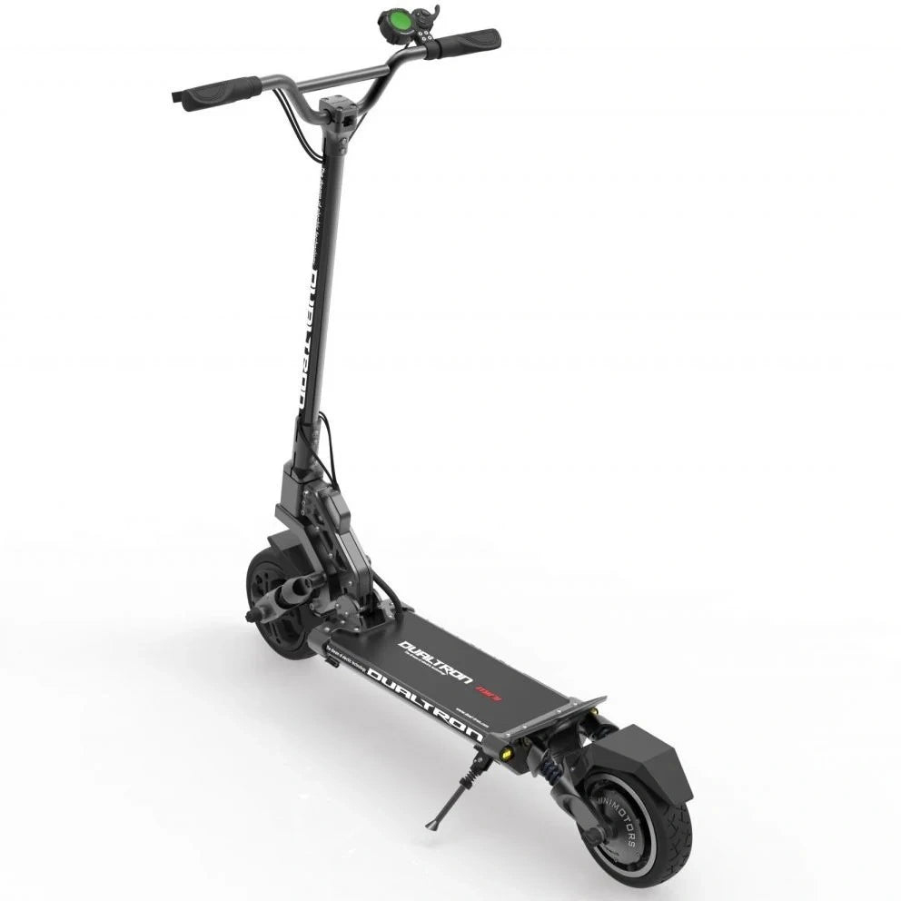 Black electric scooter with visible branding on a white background
