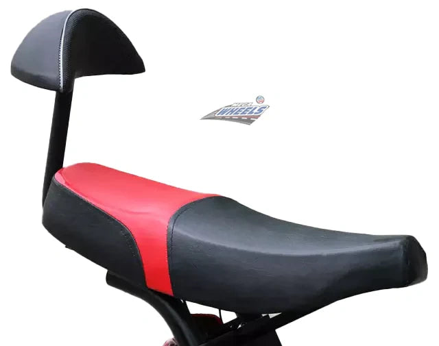 Black and red motorcycle seat with backrest on a white background