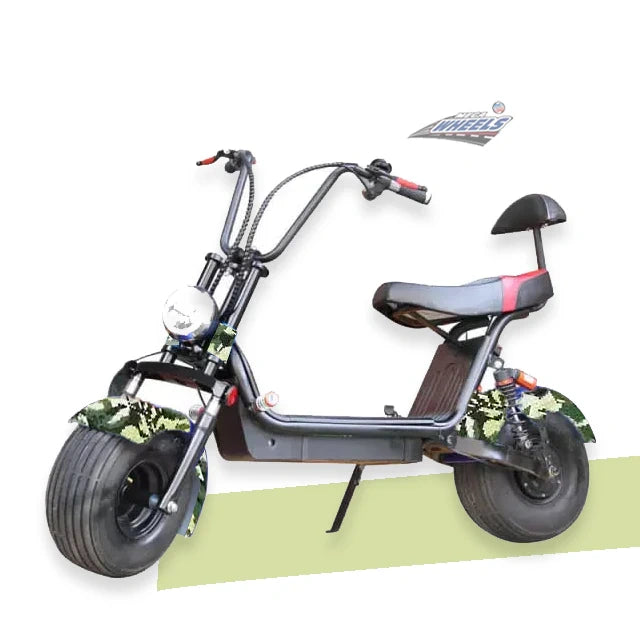 Black electric scooter with camouflage pattern on a white background
