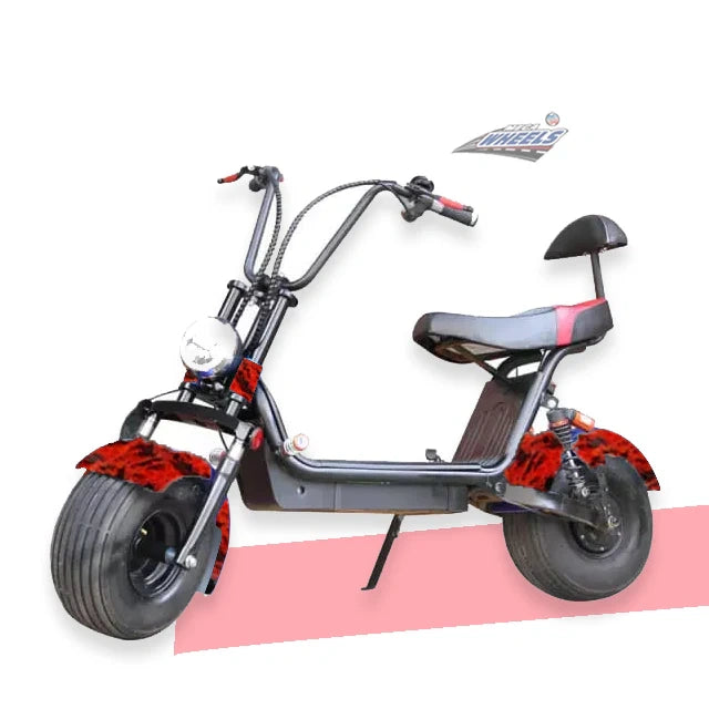 Small electric bike with red accents on a white background