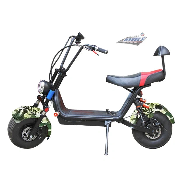 Black electric scooter with camouflage tires on a white background