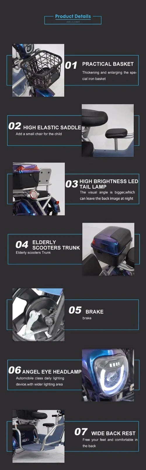 Product features with icons and text on a dark background