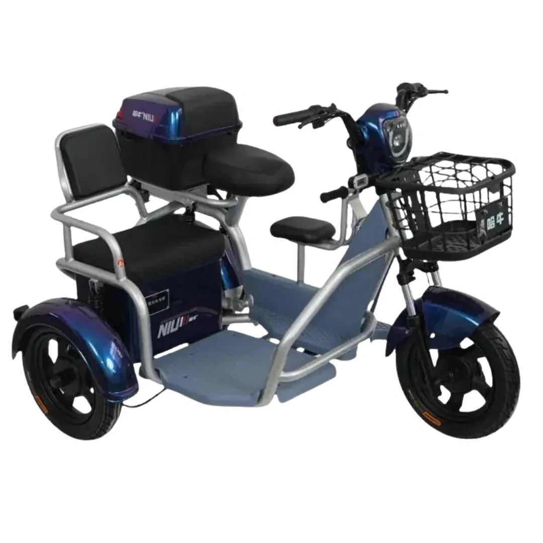 Blue and gray electric tricycle with a basket on a white background